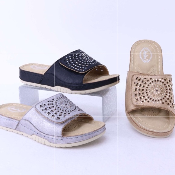 Italina Comfort Gold Velcro Strap Slide Sandal 9 - Picture 5 of 7